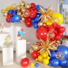 Blue Yellow Red and Gold Balloon Arch Kit, 156Pcs Latex Baloons Garland with 4D Star Balloons