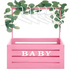 Large Wooden Baby Shower Crate Closet with Handle and Garland, 17.7inch Baby Shower Basket for Newborn Girl Boys Gifts Pregnancy New Parent(Pink)