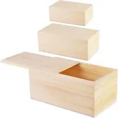 3 Pack Unfinished Wooden Box with Slide Lid, Blank Pine Wood Box Case Container Wood Jewelry Box for Storage