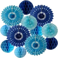 12pcs 6&rsquo;&rsquo; 8&rsquo;&rsquo; Honeycomb Balls Tissue Paper Fans Party Honeycomb Ball Fans Wall Decorations Tissue Pom Poms Flower Balls Hanging Paper Fans for Party Baby Shower Birthday Wedding Nursery(Blue kit)