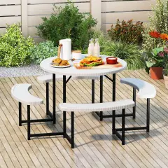 Costway Round Picnic Table Bench Set with 4 Benches Umbrella Hole All Weather Tabletop White/Green/Gray/Black