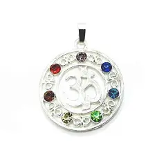 Silver Om Pendant with Chakra Rhinestones, 48x35mm