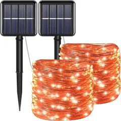 2Pack 200 LED Solar Orange Copper Halloween String Lights
