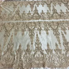 1 Yard Beaded & Corded Bridal Lace Fabric on 100% Polyester Net Mesh, Embroidered Lace Fabric, 51" Width Rose Gold