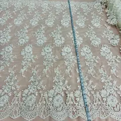 1 Yard Gold Beaded Corded Bridal Lace Fabric on Polyester Mesh, 53" Wide, Embroidered Luxury Fabrication Ivory with Silver