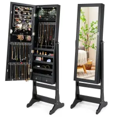 Lockable Freestanding Jewelry Cabinet Armoire with Full-Length Mirror and Lights Black
