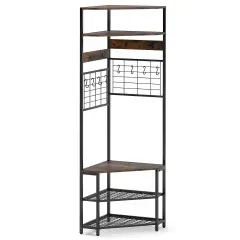 5-Tier Corner Hall Tree with Shoe Storage Bench Rustic Brown