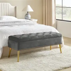 Upholstered Velvet Storage Bench with Tufted Seat and Gold Metal Legs Grey