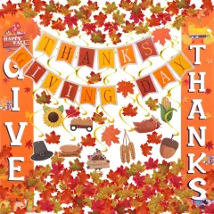 THANKS GIVEING DAY Banner Hanging Swirls Fall Leaves