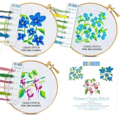 Floral Stamped Cross Stitch Kits for Beginners - 3 Pack. DIY Embroidery Needlepoint Patterns for Adults and Kids. Easy Cross Stitch Kits for Beginners (Blue Flowers, Forget Me Not & Fuschia)