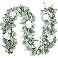 Lambs Ear Greenery White Roses Flower Garland Fake Vines for Wedding
