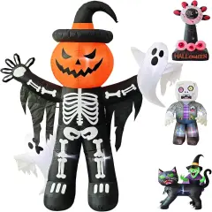 8ft Skeleton Pumpkin with Ghosts Halloween Inflatable
