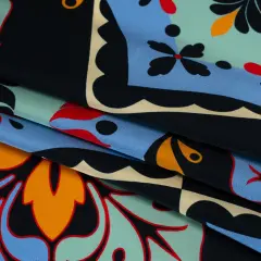 1 Yard Midnight Navy Mint Country Blue Floral Tiles Silk Charmeuse Print, 53 Inches Width