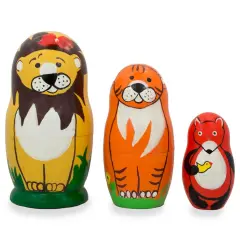 Set of 3 Lion, Tiger, and Fox Wooden Nesting Dolls 4.25 Inches