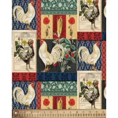 Rooster Chicken Patchwork Country Cotton Fabric | By the Yard | Sewing and Crafting | 44 inches wide