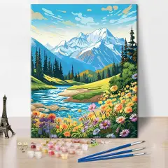 Landscape Paint by Number Kit, Water of The River Flowers and Mountains Paint by Numbers with Brushes and Pigment for Home Wall Decoration