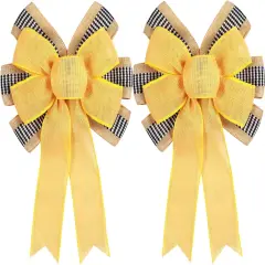 2 PCS Spring Summer Wreath Bow Decor,Decorative Bow with Yellow Burlap and Black White Stripe Ribbon for Holiday Tree Topper Home Front Door Outdoor