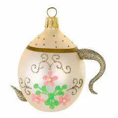 Golden Bell Collection 3.0 Inch Teacup With Flowers Christmas Tree Ornament , Christmas Decor Czech Republic Off-white