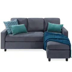 Best Choice Products Linen Sectional Sofa Couch w/ Chaise Lounge, Reversible Ottoman Bench Blue/Gray