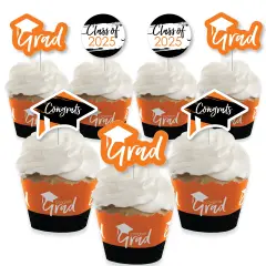 Big Dot of Happiness 2025 Orange Graduation Cupcake Decoration - Party Cupcake Wrappers and Treat Picks Kit - Set of 24