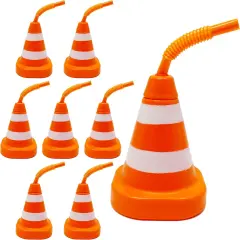 4E's Novelty 8-Pack Construction Cone Cups, 10oz Plastic Cup with Lid & Straws, Construction Theme Party Cups