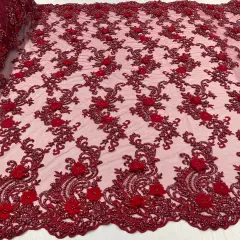 1 Yard Sage 3D Beaded Floral Embroidered Lace Fabric on Polyester Mesh, 52&rdquo; Wide Wine