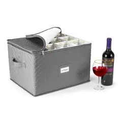 Sorbus Stemware Storage Cases (Quilted) Wine Glass Storage Box Case with Dividers and Handle for Glassware, Flutes, and Goblets Gray