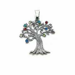 Large Silver Tree Pendant with Rhinestones, 69x50mm