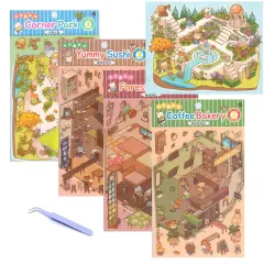 4 Pack of Isometric Sticker Scenes, Park Hotel Bakery & Sushi Restaurant, Tweezers Included, Adorabilities