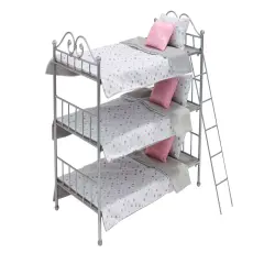Badger Basket Scrollwork Metal Triple Doll Bunk Bed with Ladder and Bedding - Silver/Pink/Stars