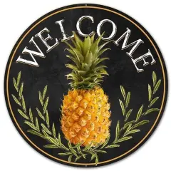 12" Round Metal Sign: Welcome Pineapple