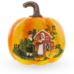Harvest Pumpkin Pilgrim Scene Thanksgiving Decoration with Rustic Barn Design Figurine