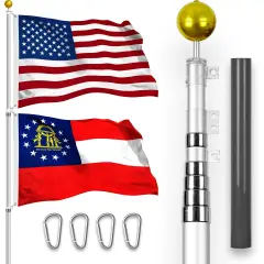 G128 Combo Pack: 25 Ft Telescoping Aluminum Flagpole (Silver) & American and Georgia Flags 3x5 Ft, Both StormFlyer Series Embroidered 220GSM Spun Polyester | Pole with Flags Included