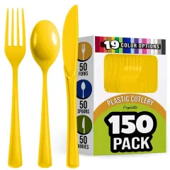 Exquisite Polished Plastic Silverware &ndash; 150 Pcs Heavy Duty Cutlery Set &ndash; 50 Each of Forks, Knives & Spoons &ndash; Disposable Utensil Set for Parties, Events & Catering &ndash; Flatware Set by Party Solids Yellow