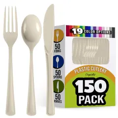 Exquisite Polished Plastic Silverware &ndash; 150 Pcs Heavy Duty Cutlery Set &ndash; 50 Each of Forks, Knives & Spoons &ndash; Disposable Utensil Set for Parties, Events & Catering &ndash; Flatware Set by Party Solids Ivory