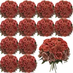 16 Bundles Artificial Peonies Flowers - Orange, Brown