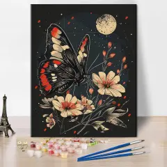 Flowers Paint by Numbers, Butterfly with Flowers Paint by Numbers for Adults, Butterfly Paint by Number with Brushes and Pigment for Home Wall Decoration, 16x20 Inch