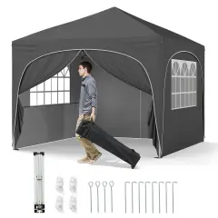 10 X 10 FT Pop up Canopy Tent with 4 Removable Sidewall Grey