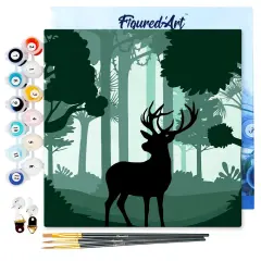 Figured'Art Mini Paint by Numbers Kit for Adults with Frame Deer in the Forest Small format 8"x8" - Craft Art Painting DIY Canvas Already Stretched on a Wooden Frame