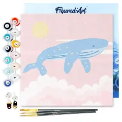 Figured'Art Mini Paint by Numbers Kit for Adults with Frame Pastel Flying Whale Small format 8"x8" - Craft Art Painting DIY Canvas Already Stretched on a Wooden Frame