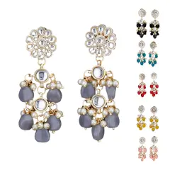 Indian Jhumka Earrings for Women - Large Floral Kundan Faux Pearls Drop Chanbali Earrings Indian Jhumki Ethnic Beaded Bollywood Style Dangle Earrings Jewelry for Bride Birthday Gift for Her GREY