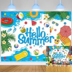Hello Summer Backdrop Summer Pool Hawaiian Tropical Surfboard Party Decoration Cartoon Hello Summer Children Baby Shower Decoration