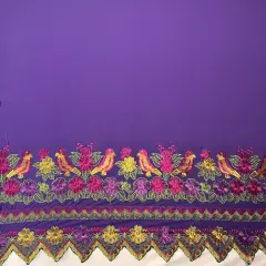 1 Yard Floral Bird Embroidered Double Border Polyester Fabric 56 Inch Width PurpleFrnch Fuchsia