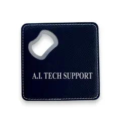 Coaster W/ BOTTLE OPENER - A.I. Tech Support - SET OF 2 LEATHER Black/Silver