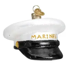 Old World Christmas 2.25 In Marines Hat Christmas Tree Ornament , Semper Fidelis White