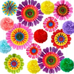 21 Pcs Summer Flower Hanging Paper Fans Flower Paper Fans Classroom Decorations Summer Tissue Pom Poms