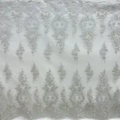 1 Yard White Beaded & Corded Bridal Lace Fabric, Embroidered Polyester Net Mesh, 54" Wide Silver