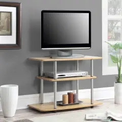 Modern TV Stand with Stainless Steel Poles and Light Oak Finish