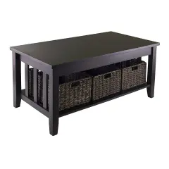 Modern Rectangular Espresso Coffee Table with Shelf and 3 Storage Baskets for Living Room