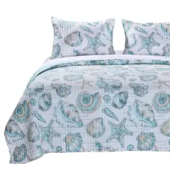 Coastal Seashells White Teal 3 Piece Polyester Reversible Quilt Set